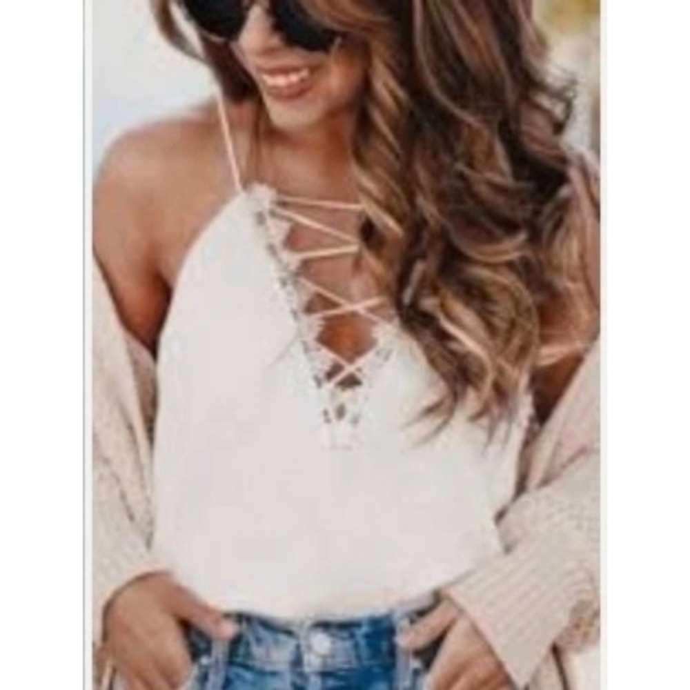 WAYF Ivory Lace Trim‎ Lace Up V-Neck Cami Tank Top XL New